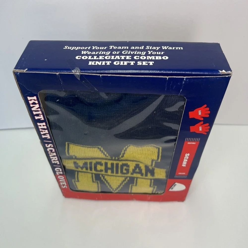 Vintage 90s Michigan Wolverines Knit Hat Scarf Gloves Gift Set NIB Deadstock